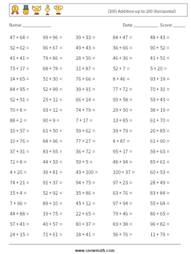 (100) Addition up to 100 (horizontal) Maths Worksheets 8