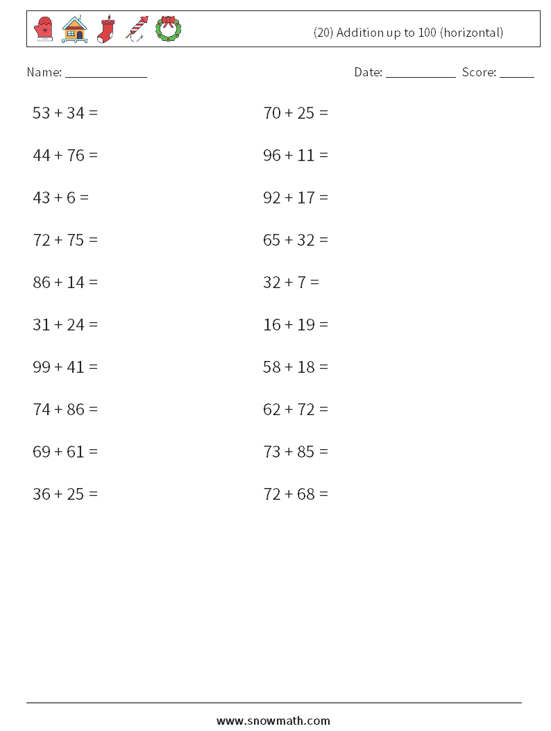 (20) Addition up to 100 (horizontal) Maths Worksheets 1