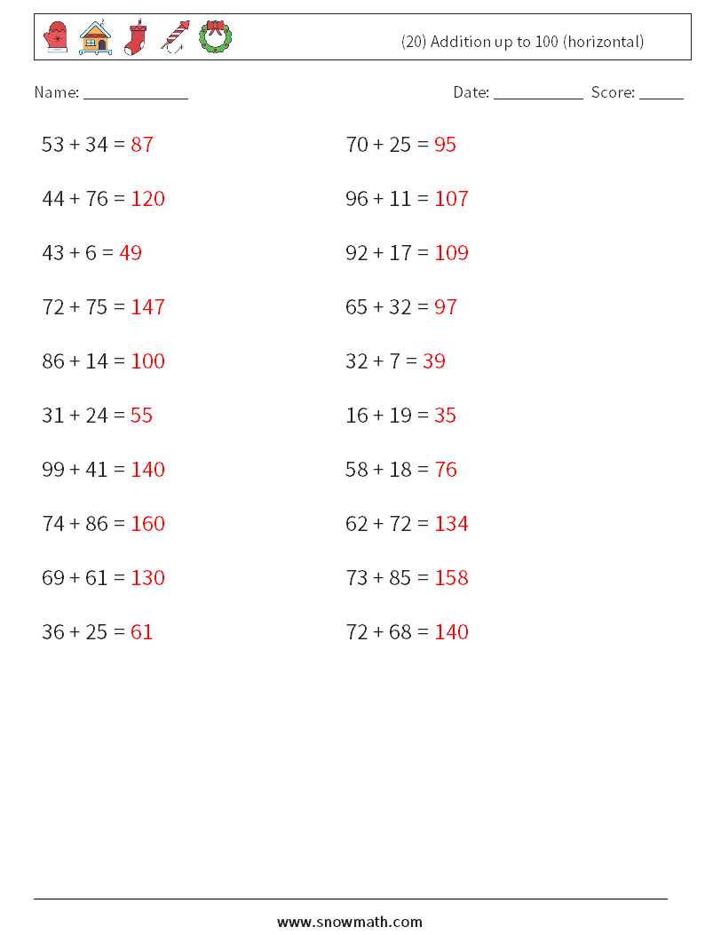 (20) Addition up to 100 (horizontal) Maths Worksheets 1 Question, Answer
