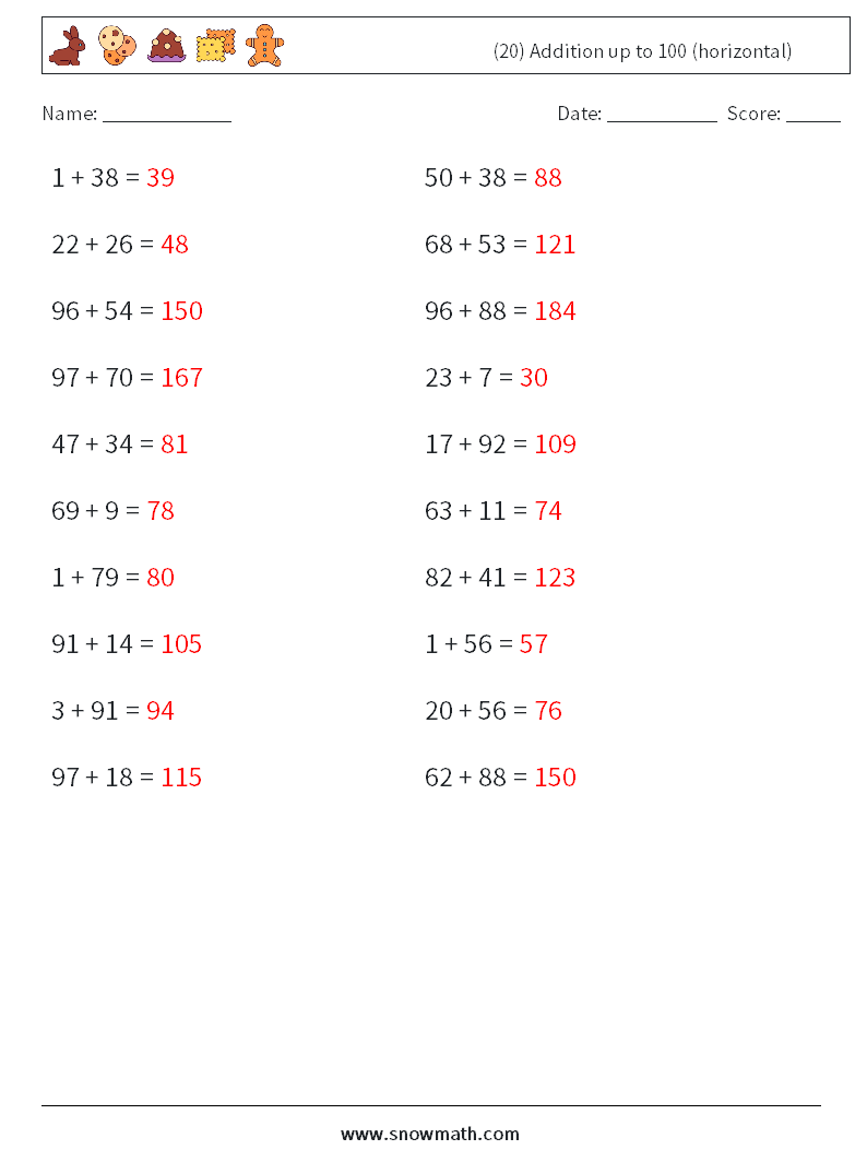 (20) Addition up to 100 (horizontal) Maths Worksheets 2 Question, Answer
