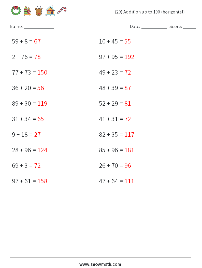 (20) Addition up to 100 (horizontal) Maths Worksheets 3 Question, Answer