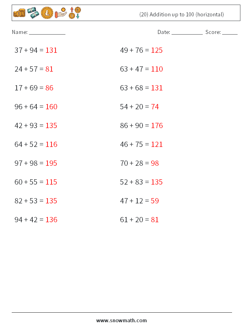 (20) Addition up to 100 (horizontal) Maths Worksheets 4 Question, Answer