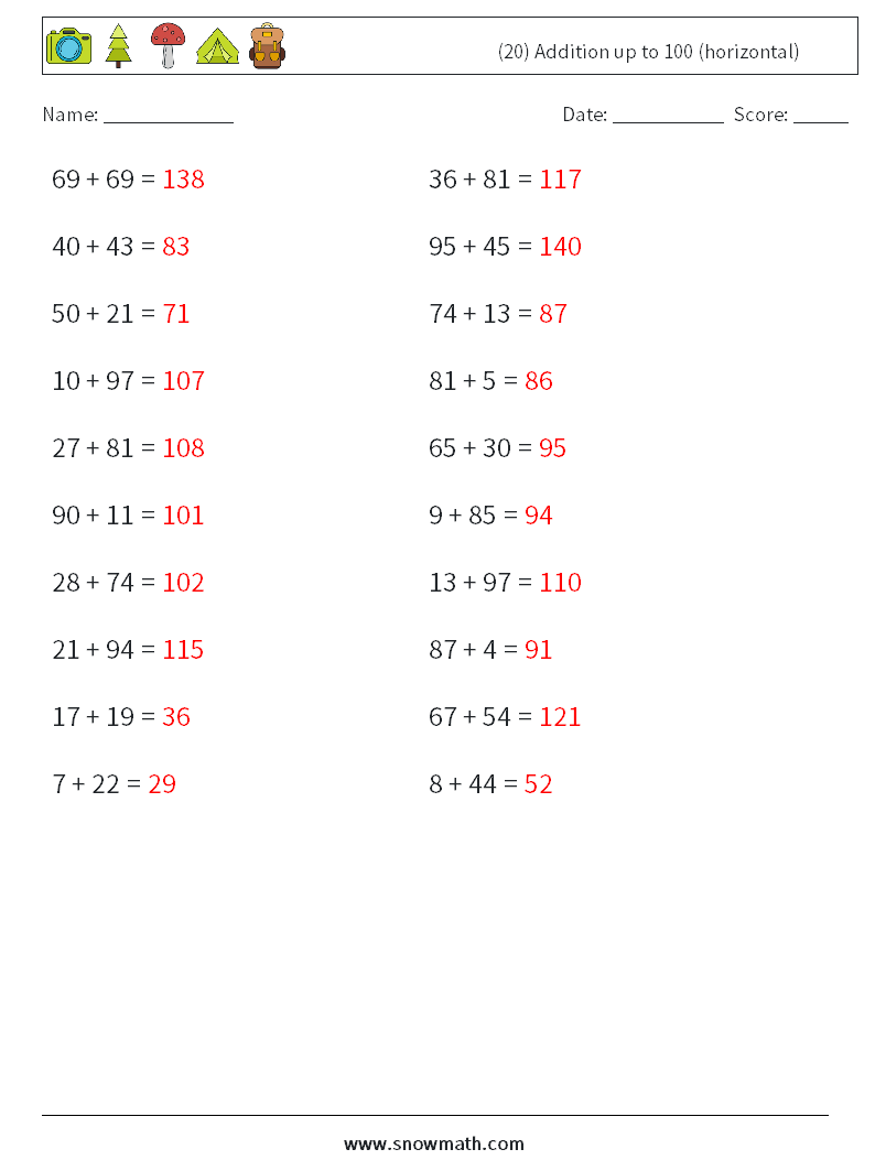 (20) Addition up to 100 (horizontal) Maths Worksheets 6 Question, Answer