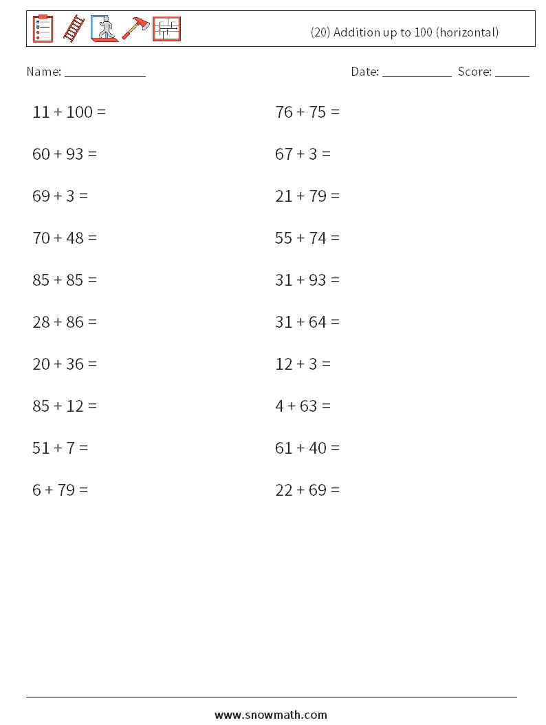 (20) Addition up to 100 (horizontal) Maths Worksheets 7