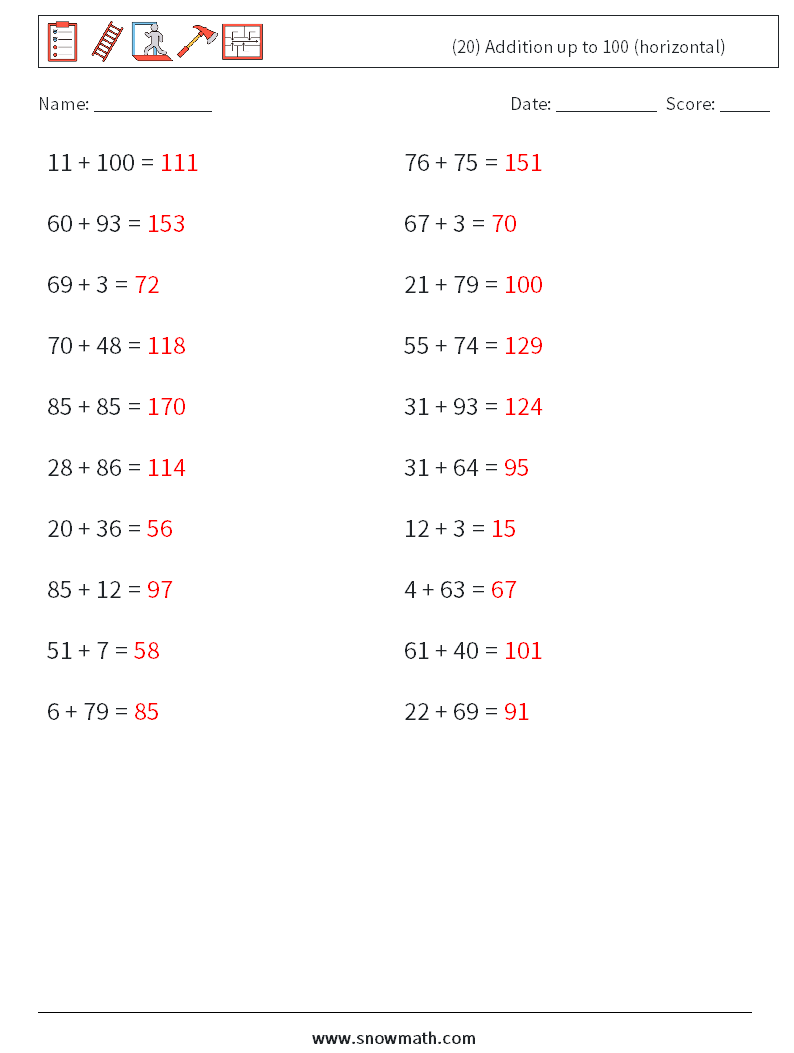 (20) Addition up to 100 (horizontal) Maths Worksheets 7 Question, Answer