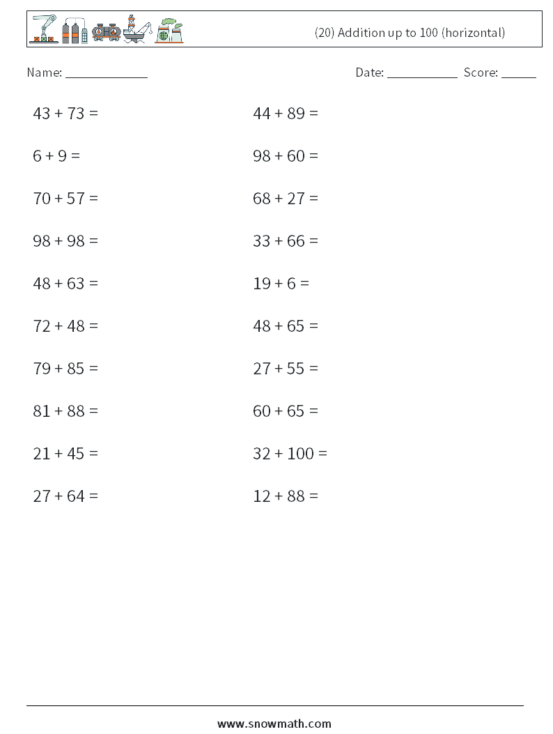 (20) Addition up to 100 (horizontal) Maths Worksheets 8