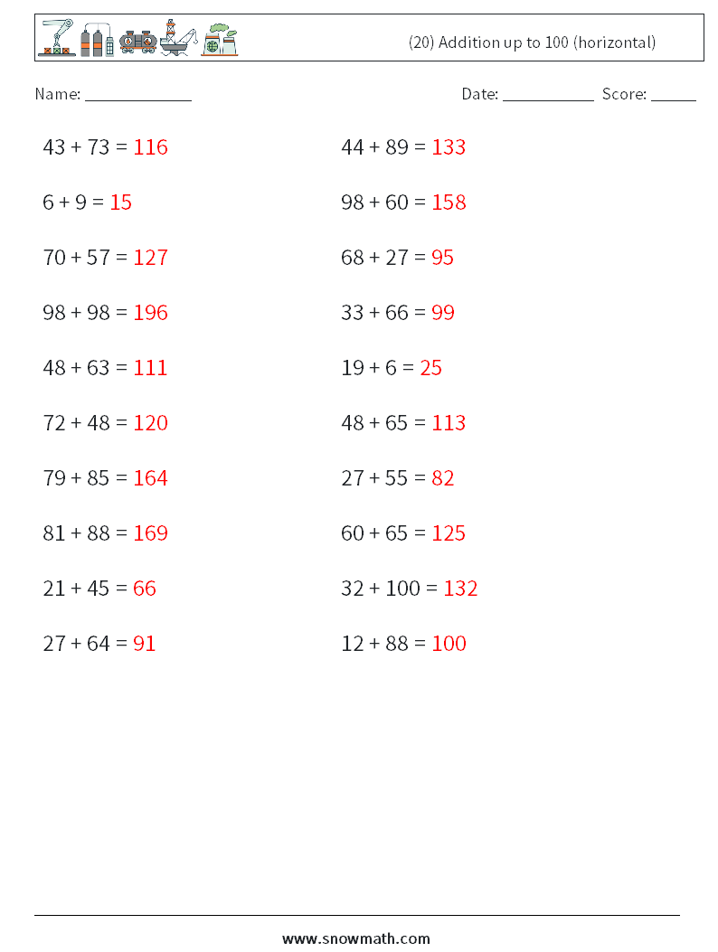(20) Addition up to 100 (horizontal) Maths Worksheets 8 Question, Answer