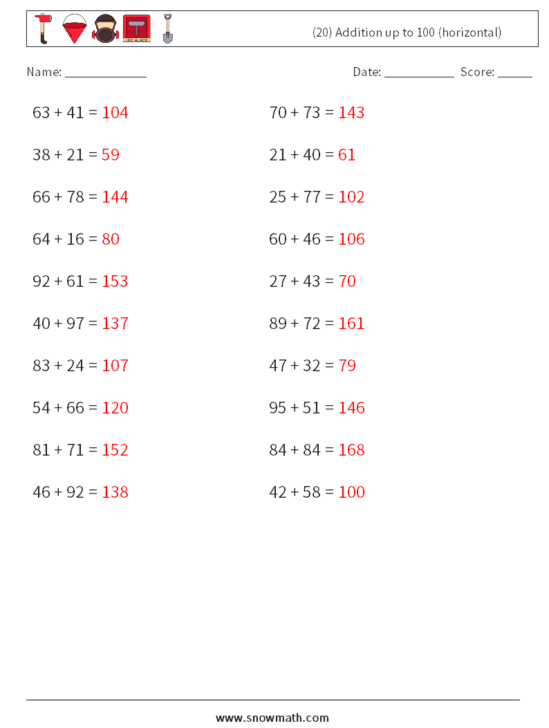 (20) Addition up to 100 (horizontal) Maths Worksheets 9 Question, Answer