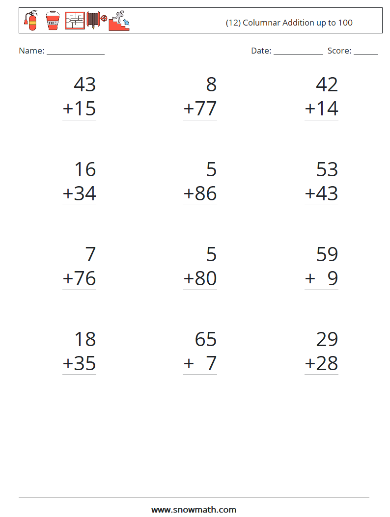 (12) Columnar Addition up to 100 Maths Worksheets 1