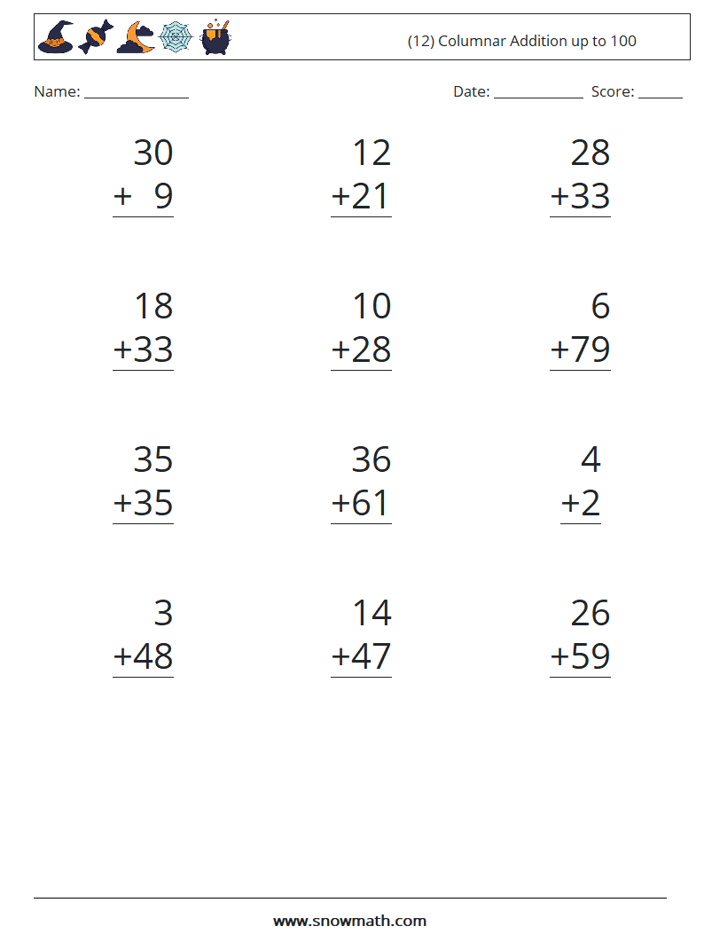 (12) Columnar Addition up to 100 Maths Worksheets 10