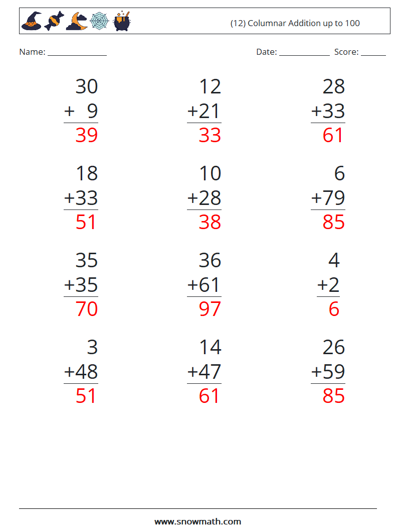 (12) Columnar Addition up to 100 Maths Worksheets 10 Question, Answer