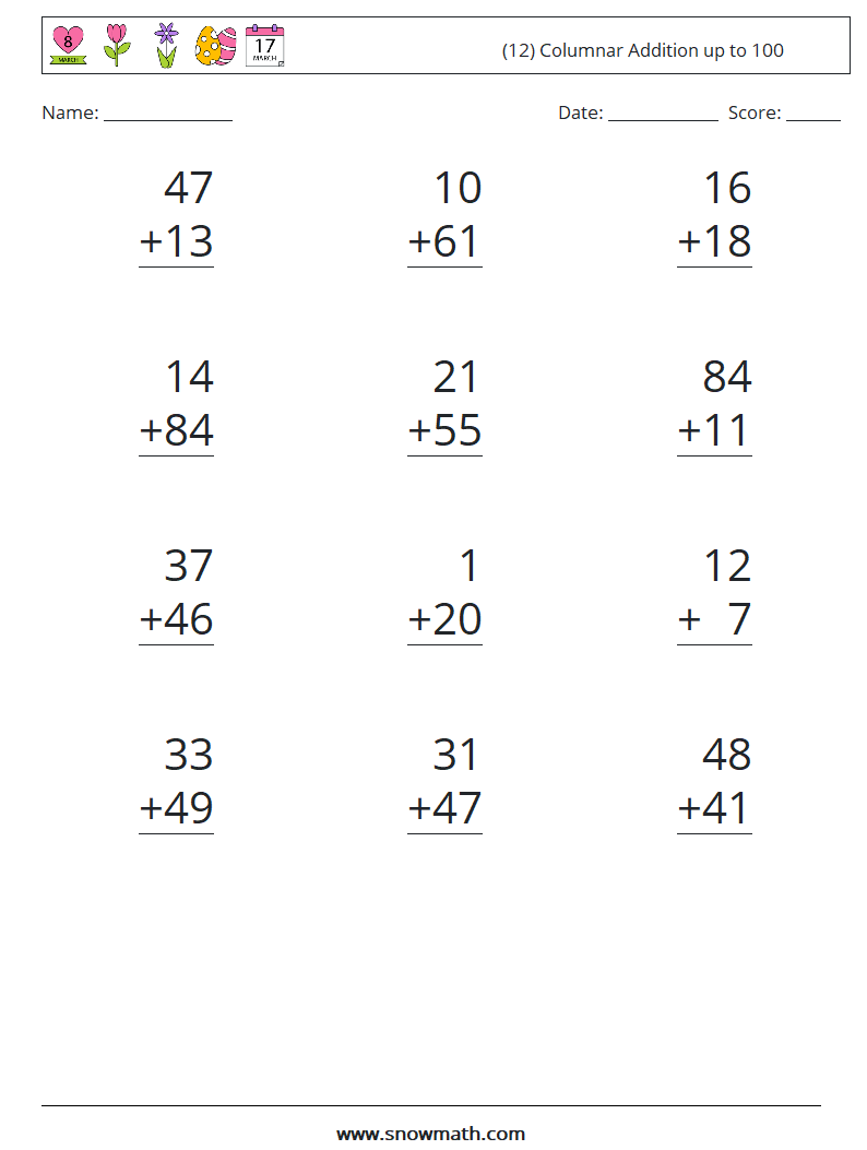 (12) Columnar Addition up to 100 Maths Worksheets 11