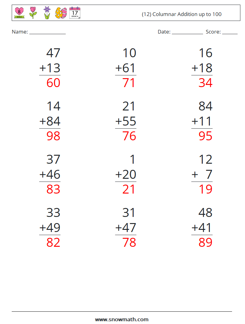 (12) Columnar Addition up to 100 Maths Worksheets 11 Question, Answer