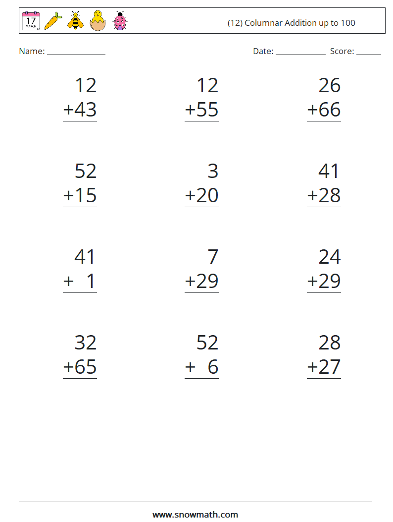 (12) Columnar Addition up to 100 Maths Worksheets 12