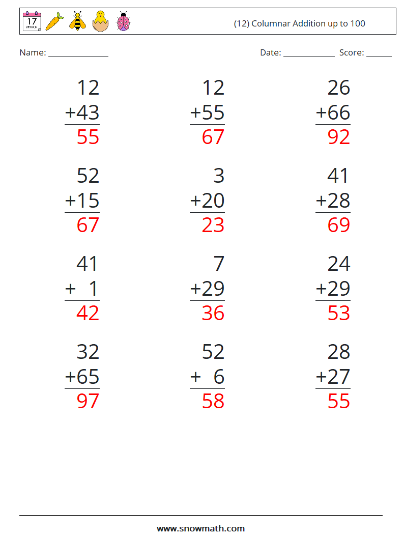 (12) Columnar Addition up to 100 Maths Worksheets 12 Question, Answer