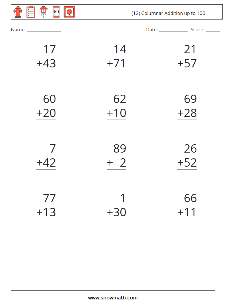 (12) Columnar Addition up to 100 Maths Worksheets 13