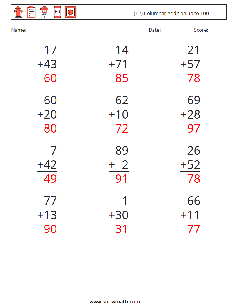 (12) Columnar Addition up to 100 Maths Worksheets 13 Question, Answer