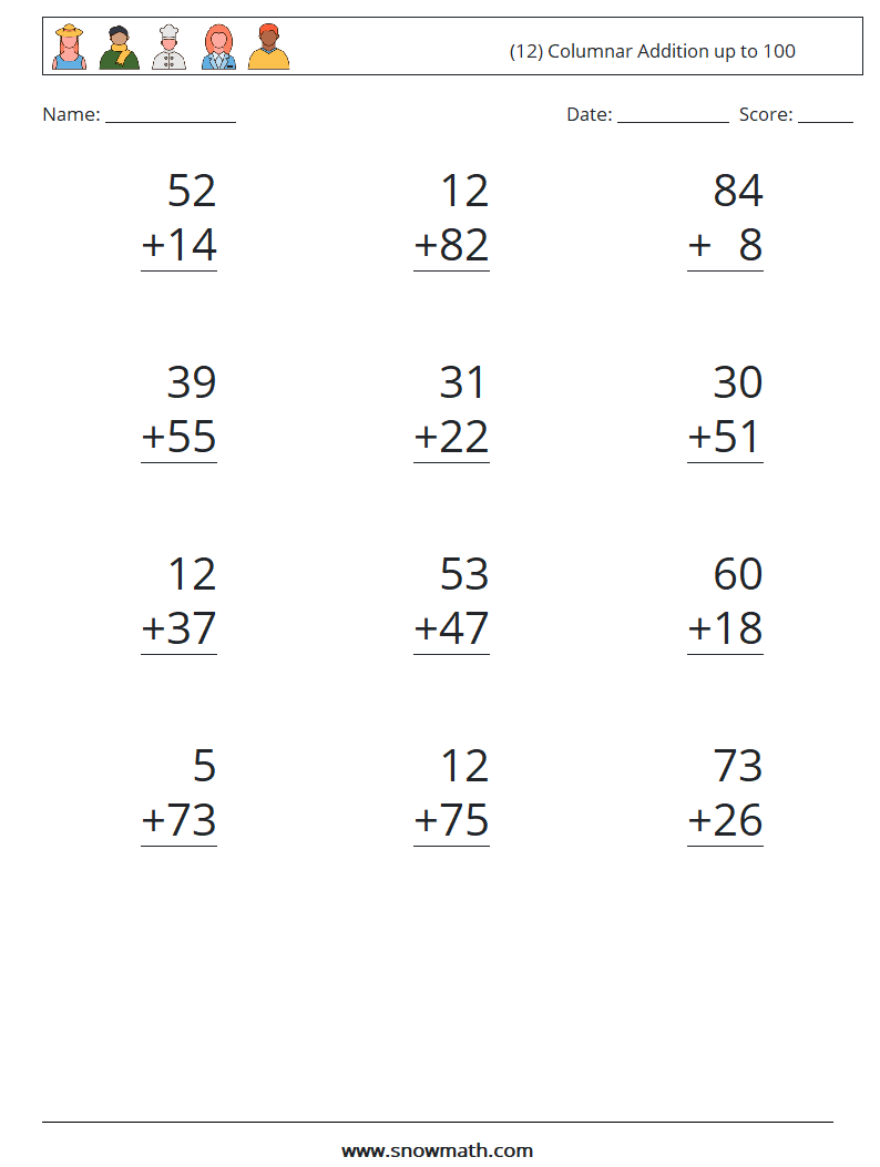 (12) Columnar Addition up to 100 Maths Worksheets 14