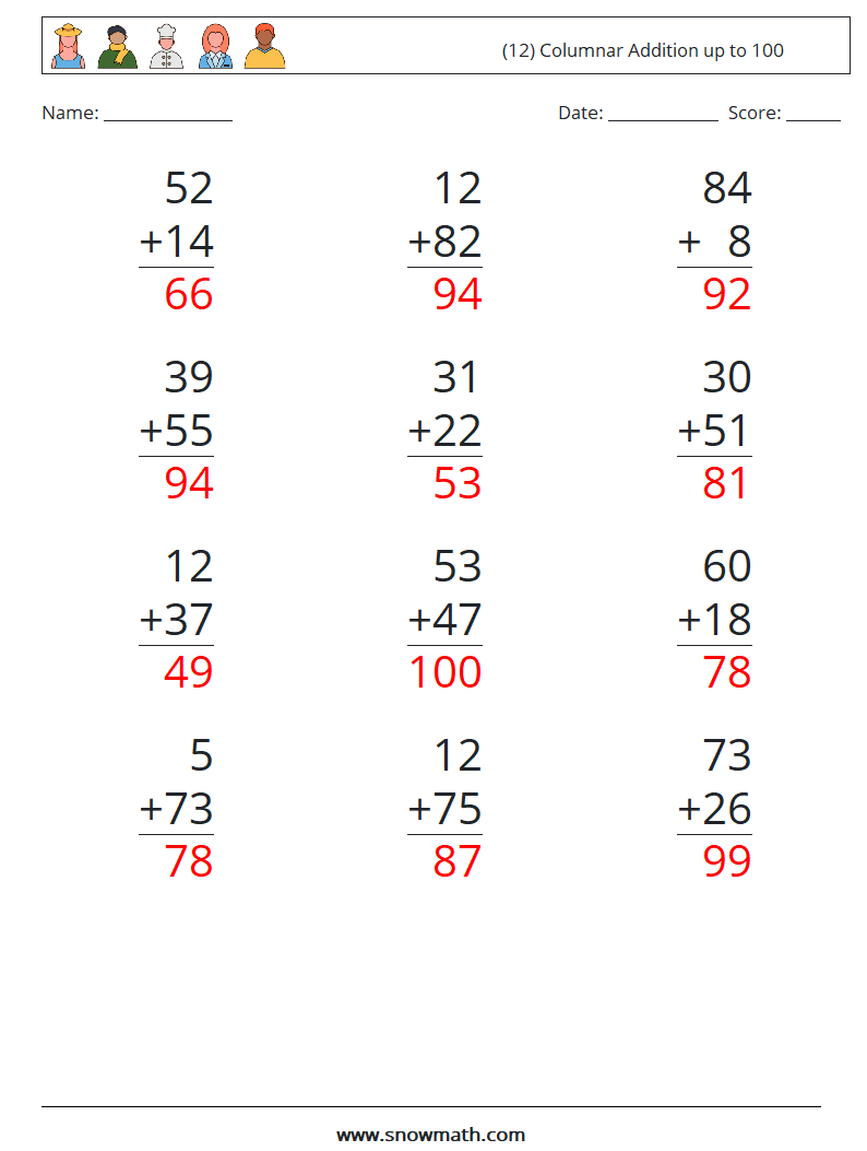 (12) Columnar Addition up to 100 Maths Worksheets 14 Question, Answer