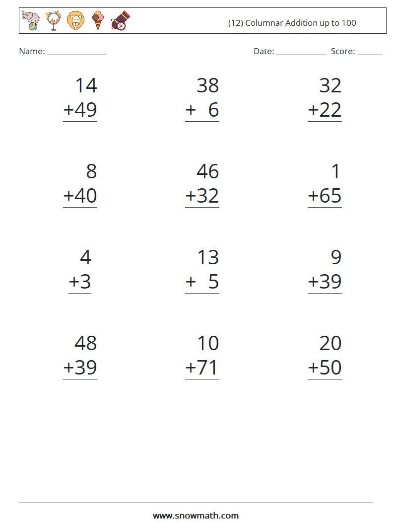 (12) Columnar Addition up to 100 Maths Worksheets 15