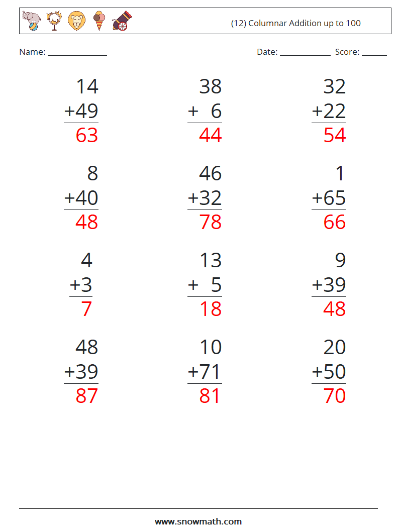 (12) Columnar Addition up to 100 Maths Worksheets 15 Question, Answer