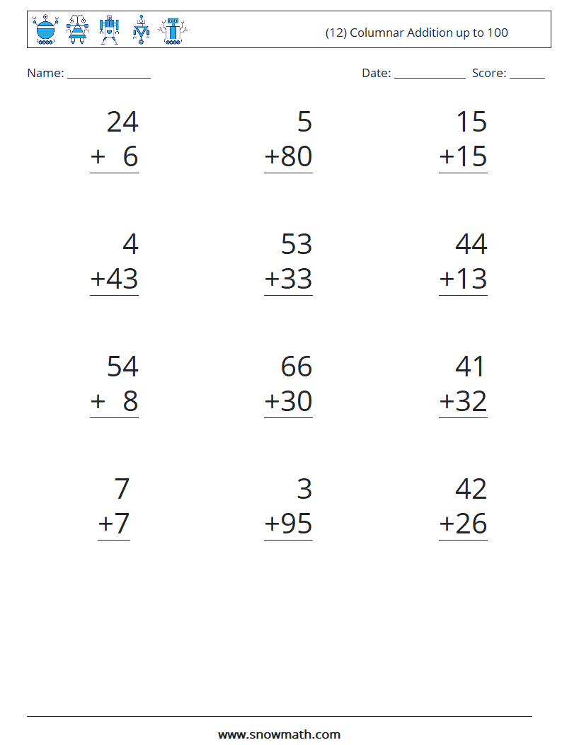 (12) Columnar Addition up to 100 Maths Worksheets 16