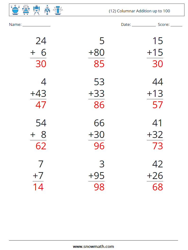 (12) Columnar Addition up to 100 Maths Worksheets 16 Question, Answer