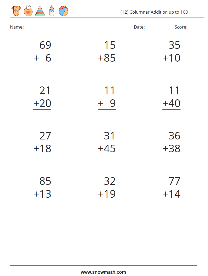 (12) Columnar Addition up to 100 Maths Worksheets 17