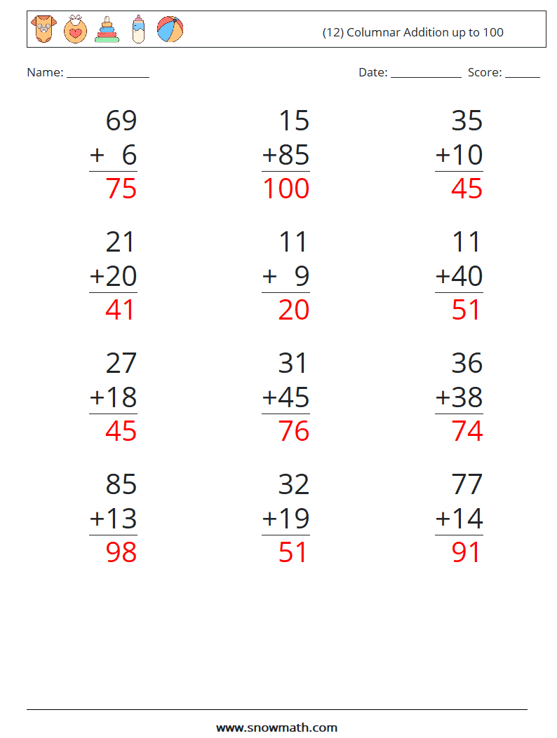 (12) Columnar Addition up to 100 Maths Worksheets 17 Question, Answer