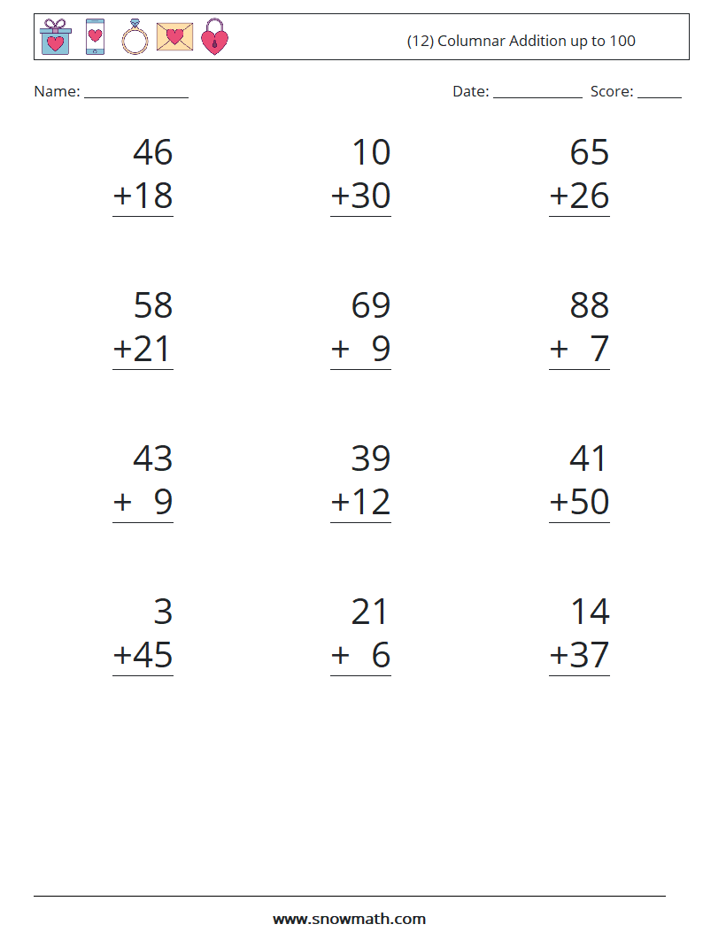 (12) Columnar Addition up to 100 Maths Worksheets 18