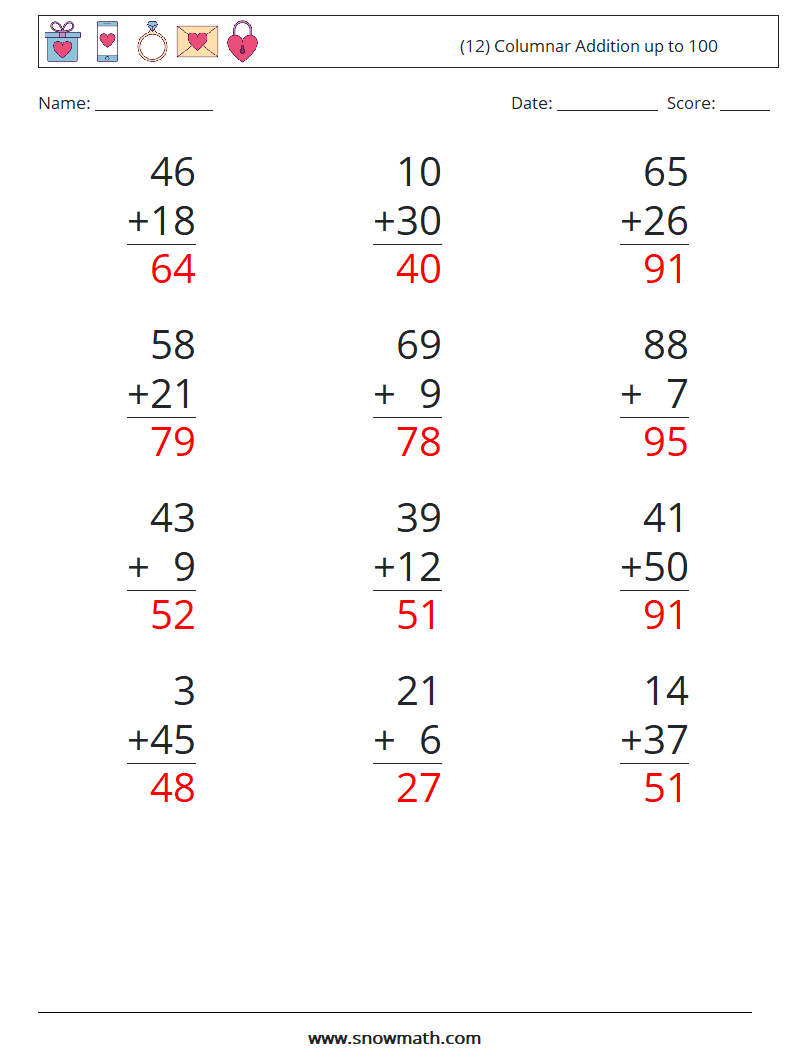 (12) Columnar Addition up to 100 Maths Worksheets 18 Question, Answer