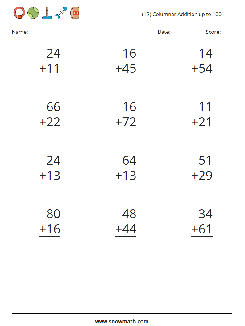 (12) Columnar Addition up to 100 Maths Worksheets 2