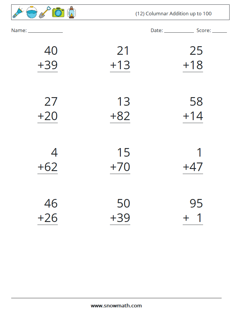 (12) Columnar Addition up to 100 Maths Worksheets 8