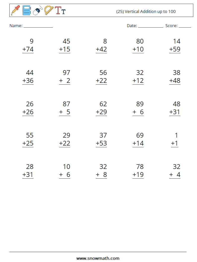 (25) Vertical Addition up to 100 Maths Worksheets 1