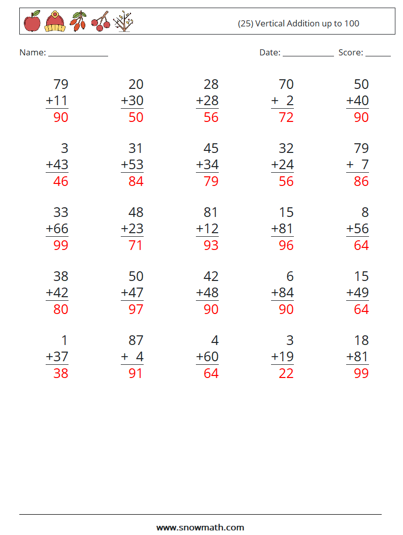 (25) Vertical Addition up to 100 Maths Worksheets 10 Question, Answer
