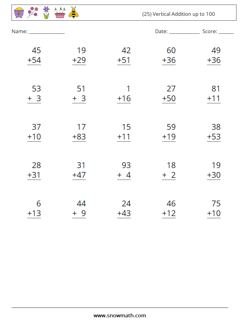 (25) Vertical Addition up to 100 Maths Worksheets 11