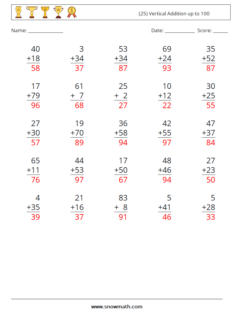 (25) Vertical Addition up to 100 Maths Worksheets 12 Question, Answer