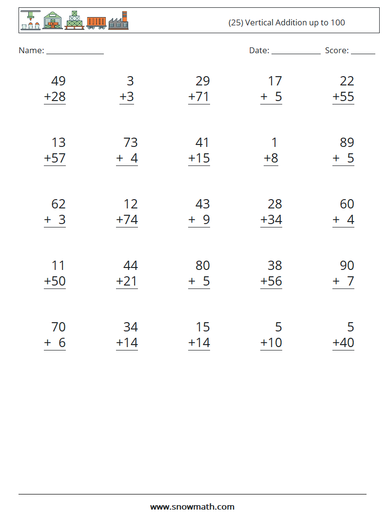 (25) Vertical Addition up to 100 Maths Worksheets 13