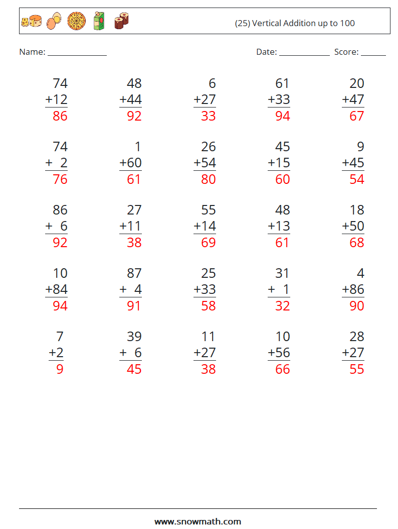 (25) Vertical Addition up to 100 Maths Worksheets 14 Question, Answer