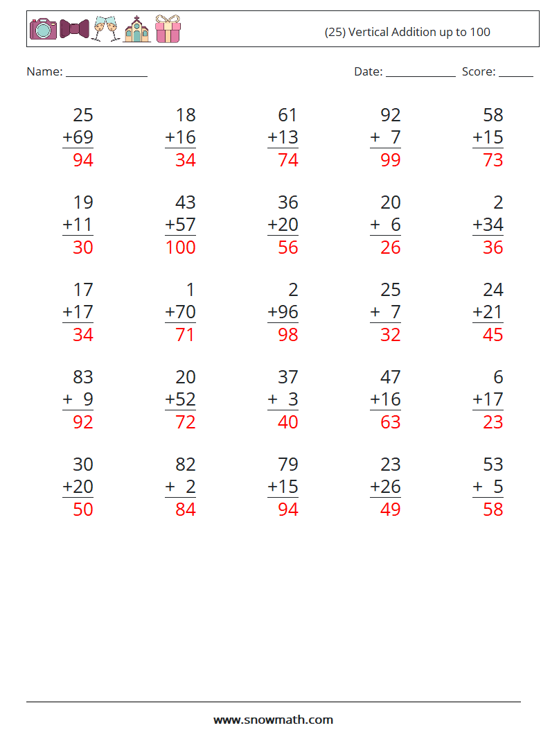 (25) Vertical Addition up to 100 Maths Worksheets 15 Question, Answer