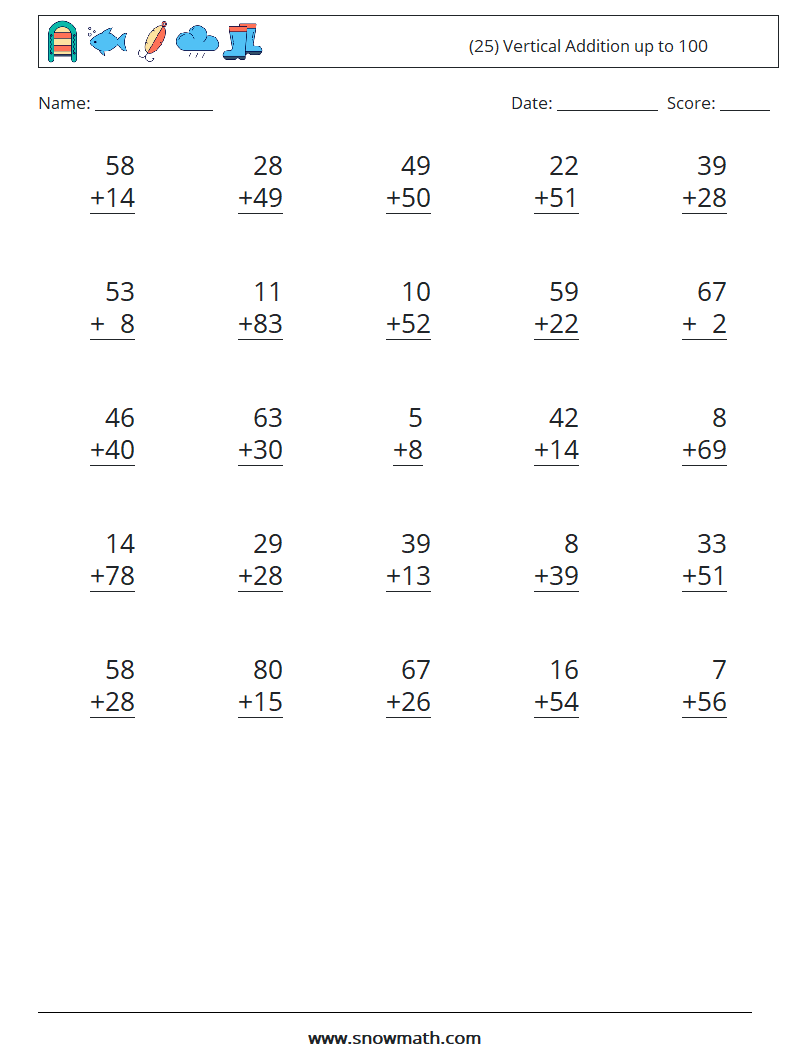 (25) Vertical Addition up to 100 Maths Worksheets 16