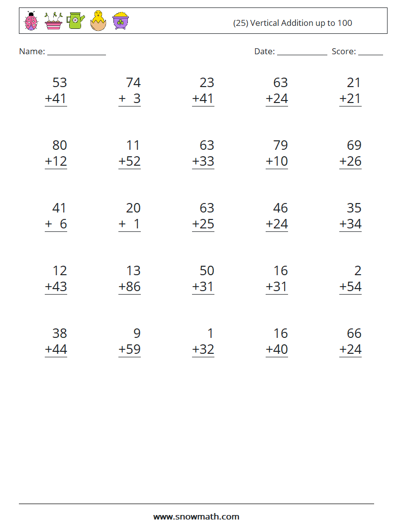 (25) Vertical Addition up to 100 Maths Worksheets 17