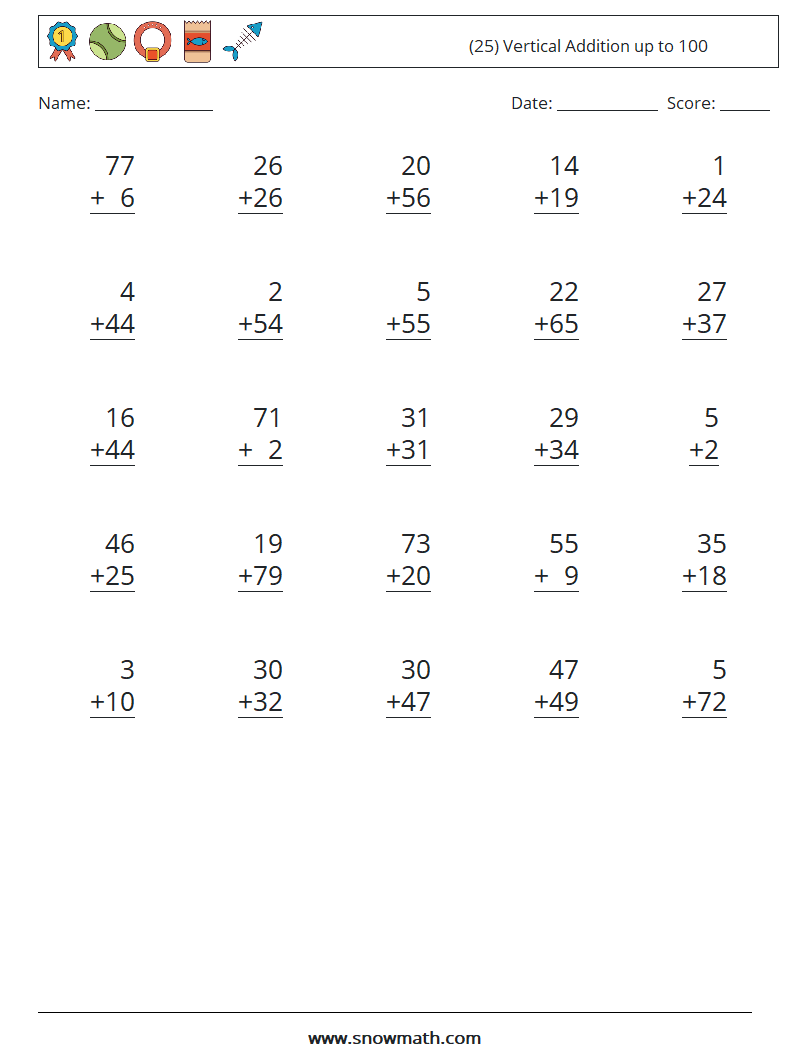 (25) Vertical Addition up to 100 Maths Worksheets 18