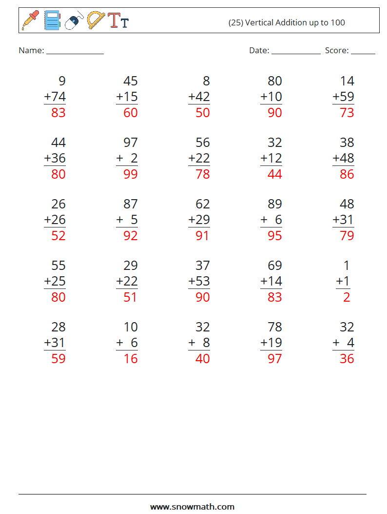 (25) Vertical Addition up to 100 Maths Worksheets 1 Question, Answer