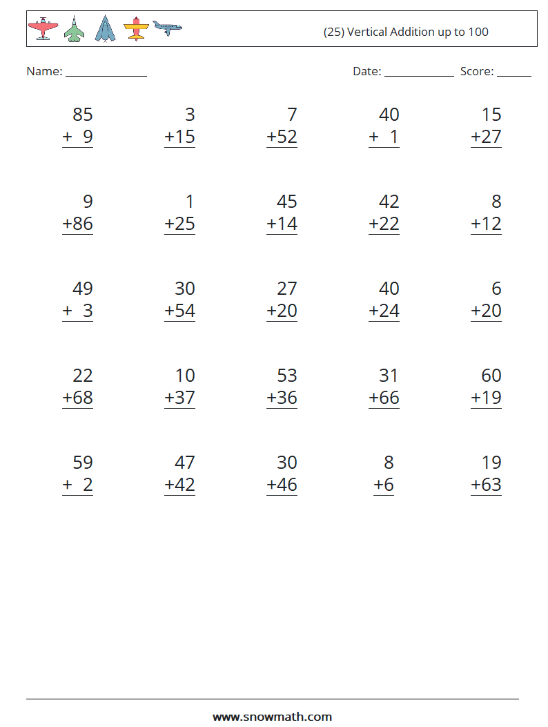 (25) Vertical Addition up to 100 Maths Worksheets 2