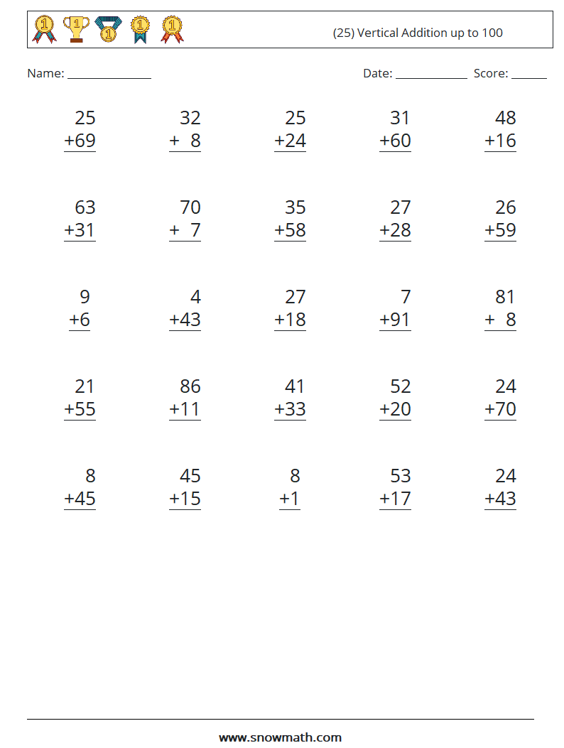 (25) Vertical Addition up to 100 Maths Worksheets 5