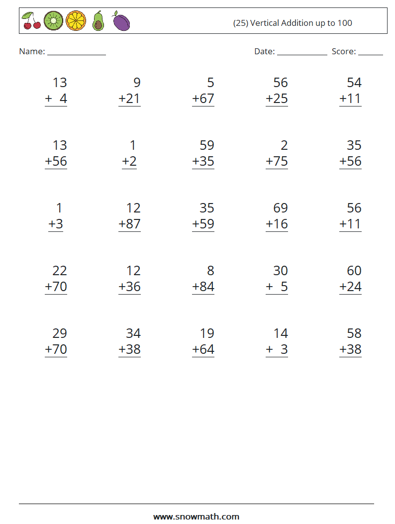 (25) Vertical Addition up to 100 Maths Worksheets 6