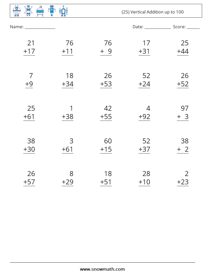 (25) Vertical Addition up to 100 Maths Worksheets 7