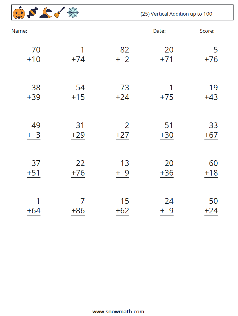 (25) Vertical Addition up to 100 Maths Worksheets 9