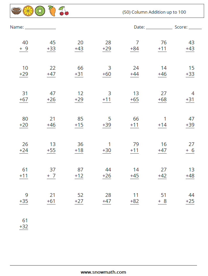 (50) Column Addition up to 100 Maths Worksheets 1